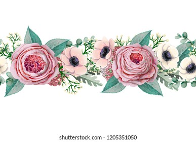 Border with anemone, English rose, eucalyptus, magnolia leaf and other