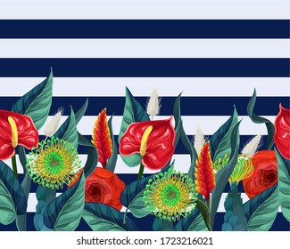Border with anthuriums and tropical leaves. Vector.
