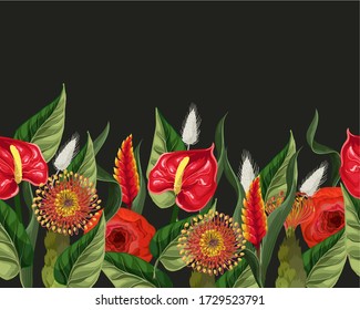 Borde con anturios y hojas tropicales. Vector.