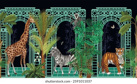 Border with architectural arch, portal, animals and tropic trees. Vector
