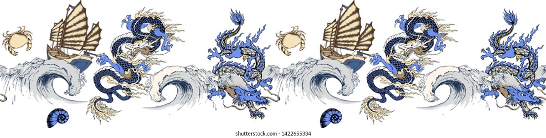 Border of asian dragon and sea wave. Vector illustration. Suitable for fabric, wrapping paper and the like