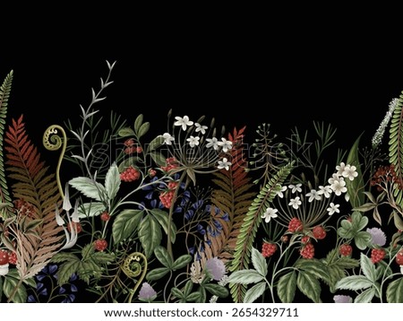 Border of autumn forest plants, wild berries, clovers, herbs, ferns, and mushrooms.