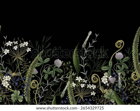 Border of autumn forest plants, wild berries, clovers, herbs, ferns, and mushrooms.