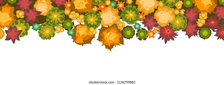 Border Autumn landscape top view. Scene with yellow and orange trees and bushes from height. Above countryside. Isolated on white background. Cartoon style illustration. Vector.