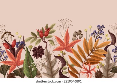 Border with autumn leaves and dried plants. Vector