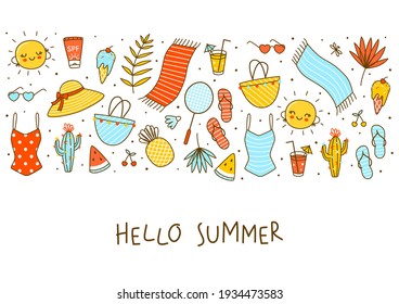 Border Background With Cute Summer Items Isolated On White - Cartoon Objects For Happy Beach Design