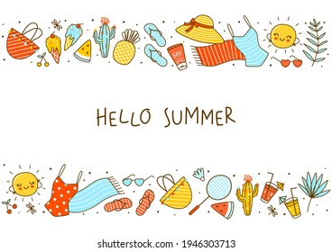 Border Background With Cute Summer Items Isolated On White - Cartoon Objects For Happy Beach Design