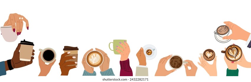 Border background with different hand holding cups