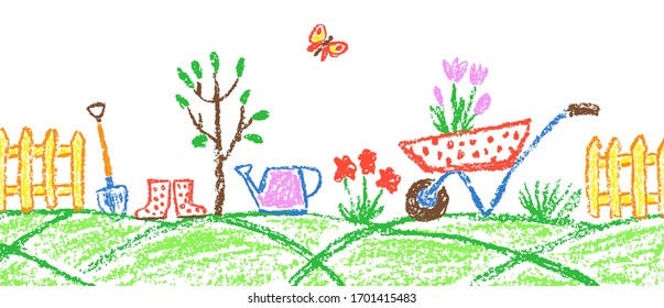 Border background gardening tools in garden or farm set. Like child hand drawing outdoor copy space. Crayon pencil vector flower, watering can, shovel, cart, rubber boots, plant, rake