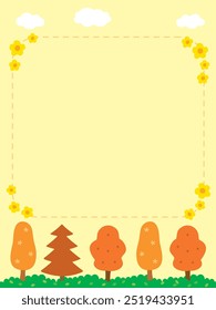 Ilustração de fundo da borda decorada com árvores e flores em um prado