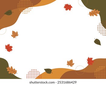 Border background illustration with geometric and abstract patterns in the autumn concept and various fallen leaves and maple leaves.