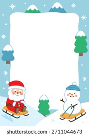 Ilustração de fundo da borda de Santa e trenó de boneco de neve em um campo nevado