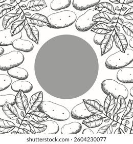 Border background with Potatoes plant for text. Hand drawn vector label with engraved potato vegetable. Design element for menu, paper, wrapping, card, sign. Food, harvest, farm. Vector illustration
