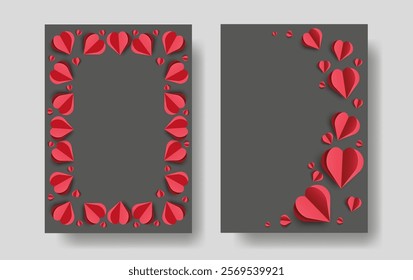 Border Background With Red 3D Paper Cut Heart. Minimalistic Template for Valentine's Day, Menu, Wedding, Birthday, Mother's and Women's Day. Vector Love Background Invitation, Border, Greeting, Banner