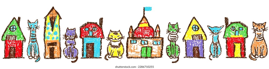 Border or banner with funny colorful tabby cat set and houses. Cute cartoon background. Crayon child`s hand drawn kitten. Pastel chalk or pencil kids art stroke header banner. Vector doodle simple pet