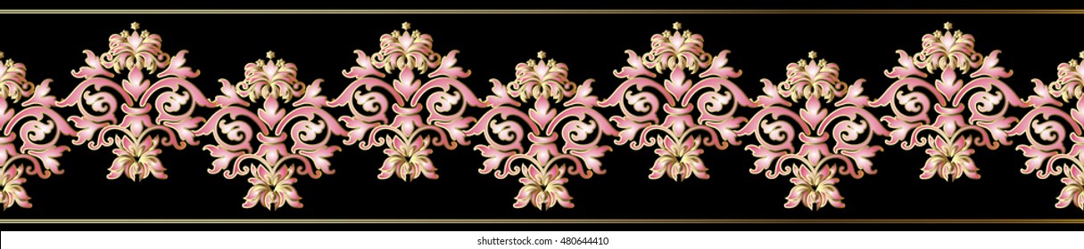 Border baroque damask vector seamless pattern background illustration with light pink antique baroque decorative floral vintage ornaments on the black background. Luxury endless texture.