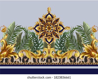 Border with baroque elements and tropical leaves. Vector.