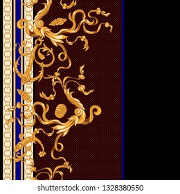 Border baroque pattern with golden chains and anchors. Vector seamless marine patch for scarfs, print, fabric.