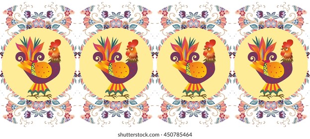 Border with beautiful cockerels on medallions. Vector illustration. Year of the Rooster. Textile, paper, wallpaper, web design.