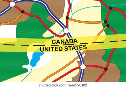 Border between Canada and the USA. Close-up on road map. Target of journey. Symbolic point on map.