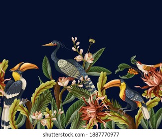 Borde de pájaros y hojas tropicales y flores para el interior. Vector