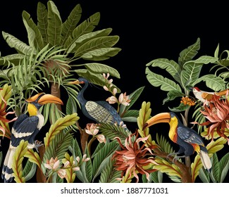 Border with birds and tropical leaves and flowers for interior. Vector