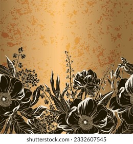 Border with black wild flowers on the gold background. Vector.