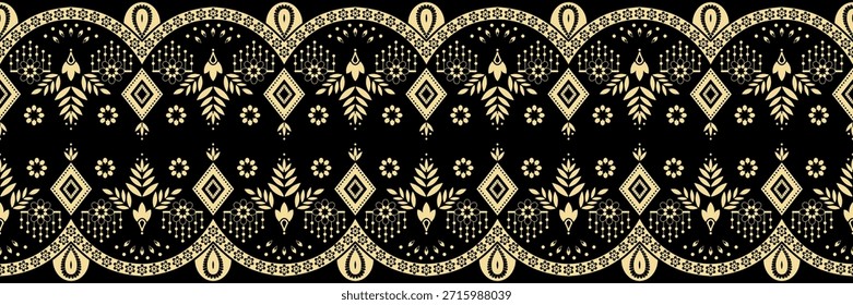 The border is a black-and-gold repeating decorative pattern featuring stylized floral and geometric motifs arranged in symmetrical semicircular arches. It includes diamond shapes, leafy stems, flowers with dangling details, and intricate dot-and-flower embellishments forming a continuous ornamental edge.