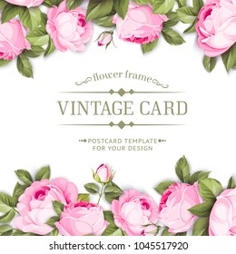 Border with blooming spring flowers in vintage style and template text space. Frame of flowers in vintage style isolated over white. Floral invitation card. Vector illustration.