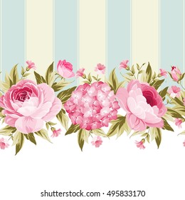 Border with blooming spring flowers in vintage style with vertical tile lines and clear text space. Border of rose flowers in vintage style. Floral invitation card. Vector illustration.