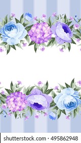 Border with blooming spring flowers in vintage style with vertical tile lines and clear text space. Border of blue flowers in vintage style. Floral invitation card. Vector illustration.