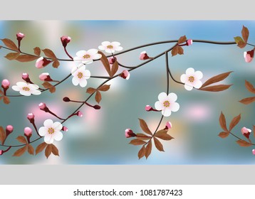 A border of blossoming branches of cherry on blue abstract background. Sakura seamless floral texture. Vector