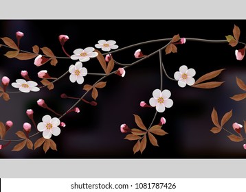 A border of blossoming branches of cherry on dark abstract background. Sakura seamless floral texture. Vector