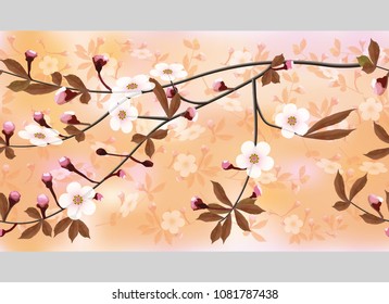 A border of blossoming branches of cherry on brown abstract background. Sakura seamless floral texture. Vector