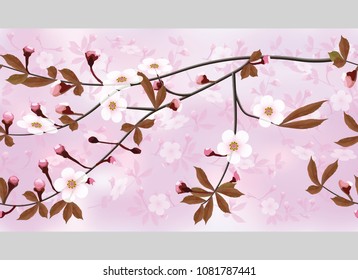 A border of blossoming branches of cherry on pink abstract background. Sakura seamless floral texture. Vector