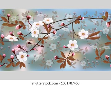 A border of blossoming branches of cherry on blue abstract background. Sakura seamless floral texture. Vector