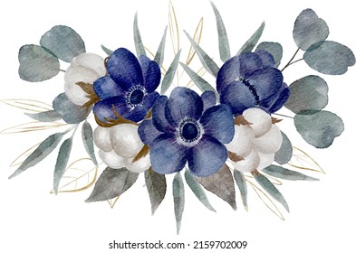 Border with blue anemones palm leaves eucalyptus leaves and cotton flowers with golden elements digitally painted watercolors