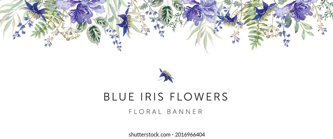 Borde de flores de iris azules, hojas verdes del bosque, fondo blanco. Marco del cartel de la invitación a la boda. Ilustración vectorial. Arreglo floral. Tarjeta de felicitación de plantilla de diseño