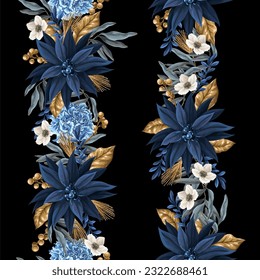 Border with blue poinsettia and gold elements. Vector