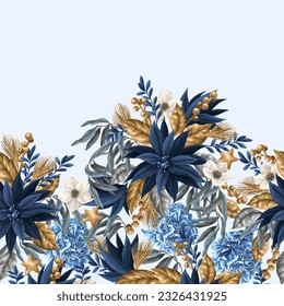 Grenze mit blauen Poinsettia und goldenen Elementen. Vektorgrafik