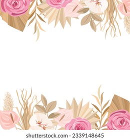 borde con flores boho, rosas, hojas de palma secas, orquídeas, pampas