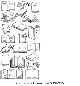 Fronteira dos livros. Coleção de vários livros de posição com símbolo de páginas abertas e de desenvolvimento.