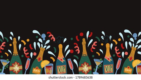 Borde con botellas de champán y gafas. Vector