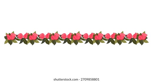 A border of bright pink, cute roses and buds for your design. Vector illustration isolated on a white background.