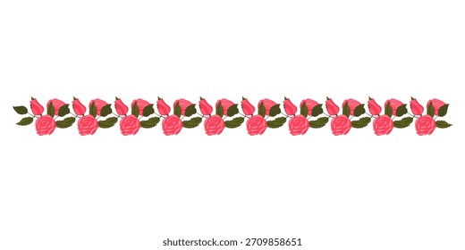 Uma borda de rosa brilhante, rosas exuberantes e botões para o seu design. Ilustração vetorial isolada em um fundo branco.