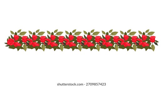 Un borde de rosas rojas brillantes, elegantes y exuberantes para su diseño. Ilustración vectorial aislada en un fondo blanco.