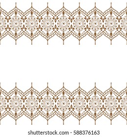 Border brown pattern elements with sophisticated flowers and lace lines in Indian mehndi style for card and tattoo isolated on white background. Vector illustration