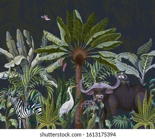 Border with bull and other animals in jungle. Vector.