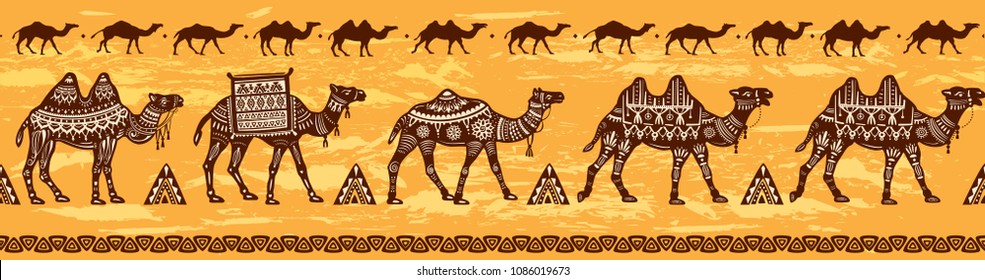 Border with Camel caravan and ethnic motifs