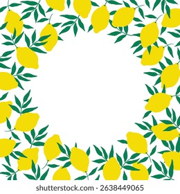 Border card with lemons for text in flat style. Hand drawn template with citrons, leafs, lemon plants. Food and drink, ingredient for cooking, baking, alcohol. Design element for label, print, sign